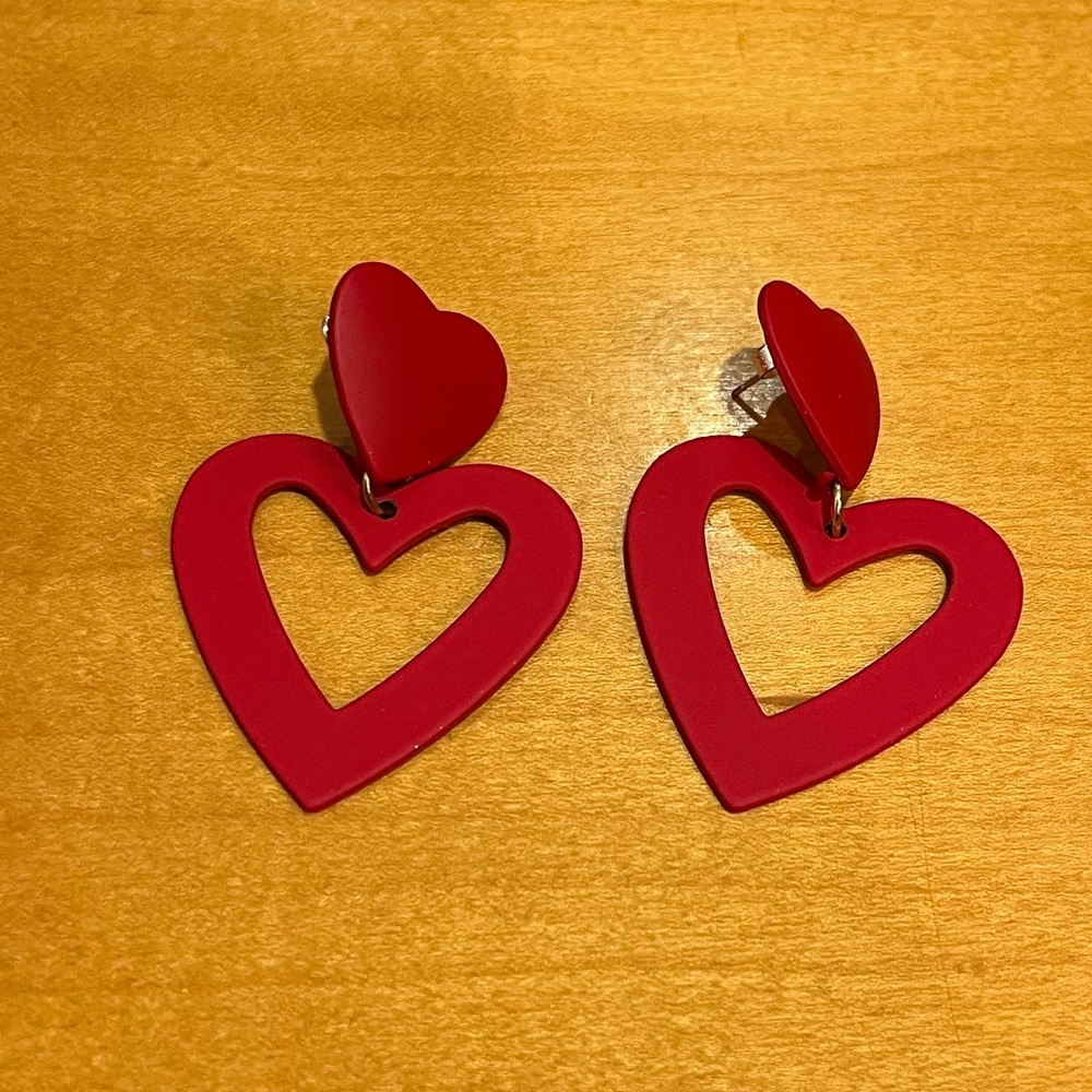 Cute red metal 2” heart earrings